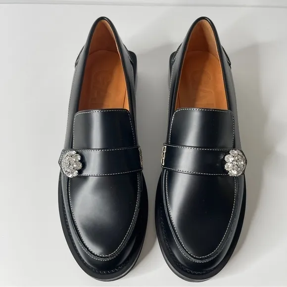 Ganni Leather Jeweled Loafers Black Size 37 NWOT