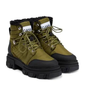 Ganni Leather-Trimmed Green Ankle Boots Size 7