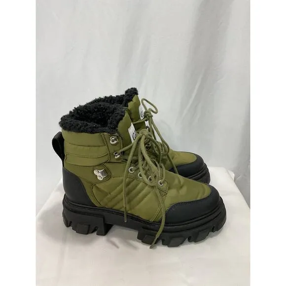 Ganni Leather-Trimmed Green Ankle Boots Size 7
