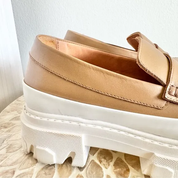 Ganni Tan Chunky Heel Penny Calf Leather Loafers Size 37/US 7