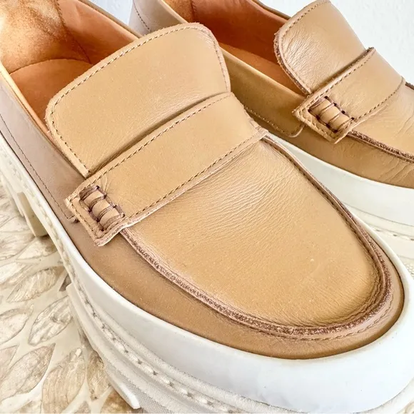 Ganni Tan Chunky Heel Penny Calf Leather Loafers Size 37/US 7