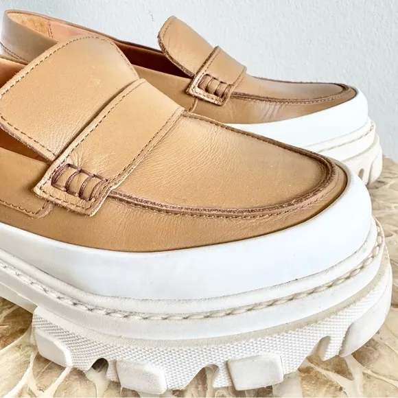 Ganni Tan Chunky Heel Penny Calf Leather Loafers Size 37/US 7