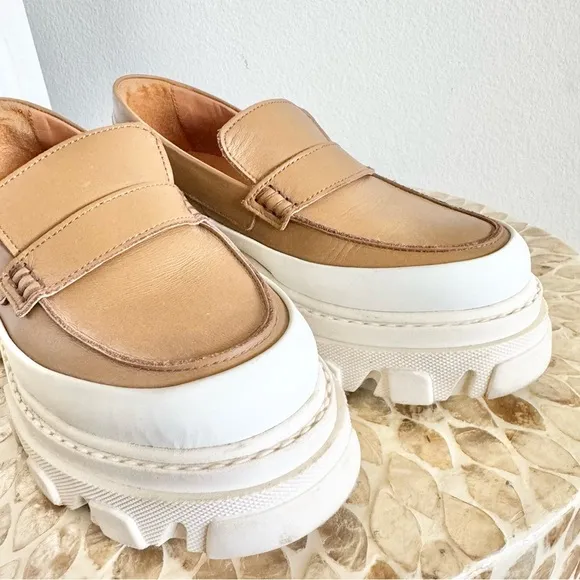 Ganni Tan Chunky Heel Penny Calf Leather Loafers Size 37/US 7