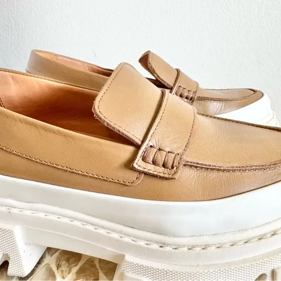Ganni Tan Chunky Heel Penny Calf Leather Loafers Size 37/US 7