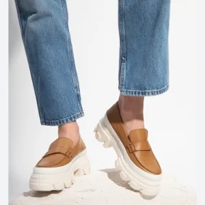 Ganni Tan Chunky Heel Penny Calf Leather Loafers Size 37/US 7