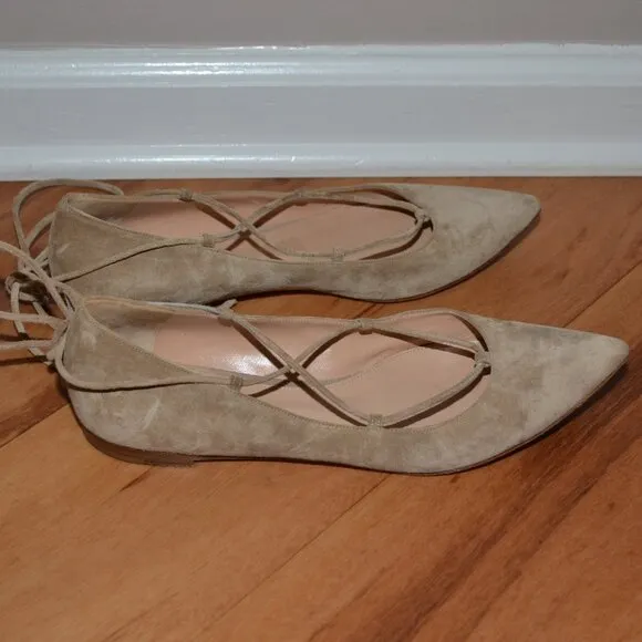 Gianvito Rossi Suede beige Ankle Lace up Ballet pointed Toe Flats, 39.5 Italy