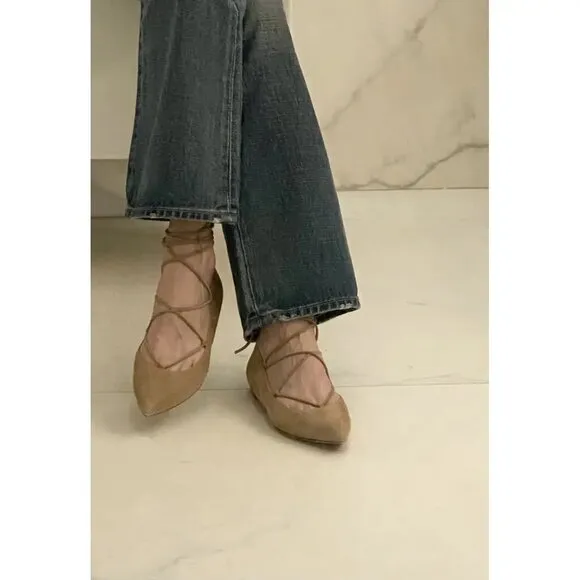 Gianvito Rossi Suede beige Ankle Lace up Ballet pointed Toe Flats, 39.5 Italy
