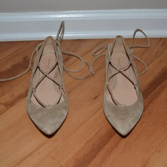 Gianvito Rossi Suede beige Ankle Lace up Ballet pointed Toe Flats, 39.5 Italy