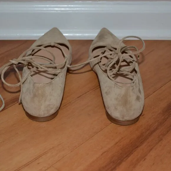 Gianvito Rossi Suede beige Ankle Lace up Ballet pointed Toe Flats, 39.5 Italy