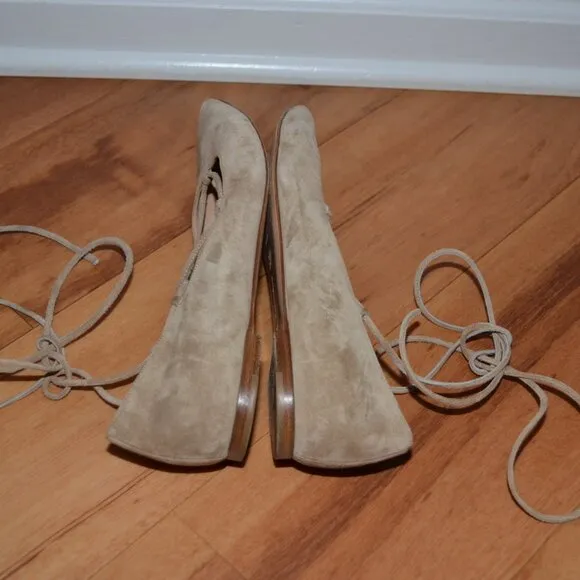 Gianvito Rossi Suede beige Ankle Lace up Ballet pointed Toe Flats, 39.5 Italy