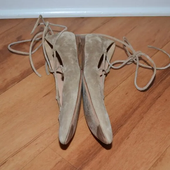 Gianvito Rossi Suede beige Ankle Lace up Ballet pointed Toe Flats, 39.5 Italy