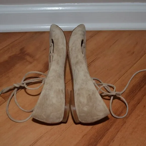 Gianvito Rossi Suede beige Ankle Lace up Ballet pointed Toe Flats, 39.5 Italy