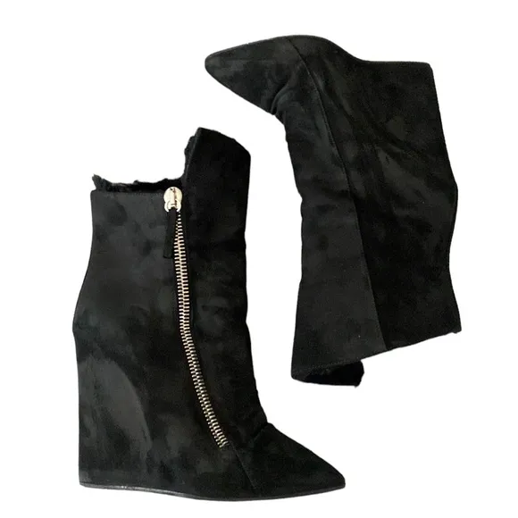 Giuseppe Black Suede Leather Fur Lined Pointy Toe Wedge Boots