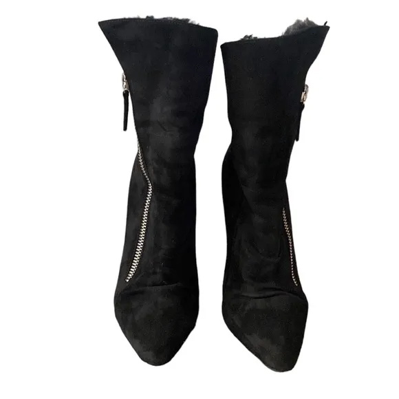 Giuseppe Black Suede Leather Fur Lined Pointy Toe Wedge Boots