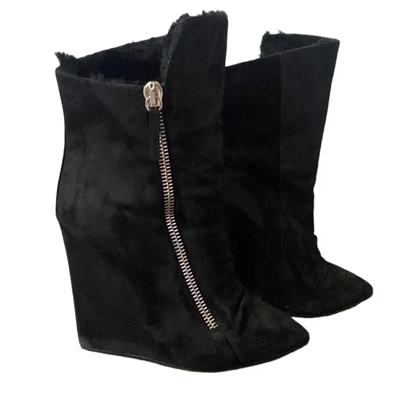 Giuseppe Black Suede Leather Fur Lined Pointy Toe Wedge Boots