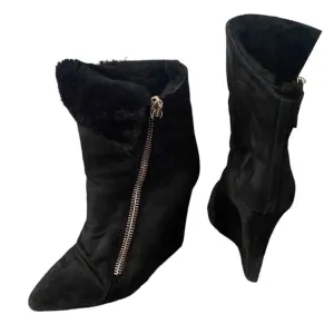 Giuseppe Black Suede Leather Fur Lined Pointy Toe Wedge Boots