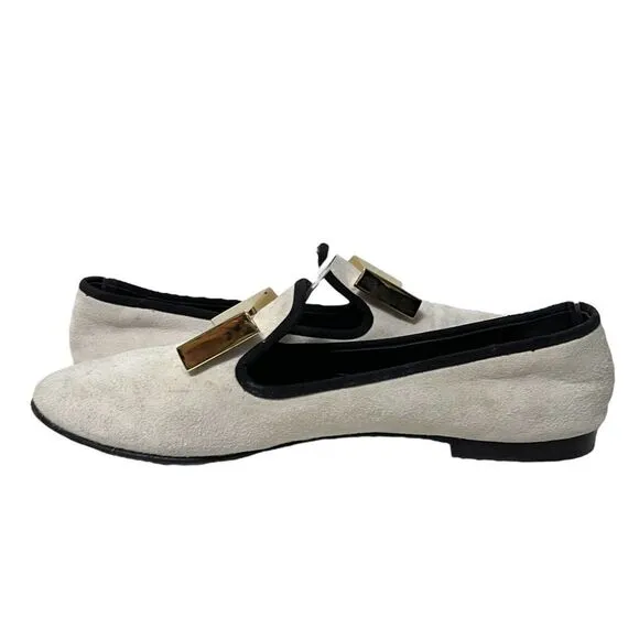 GIUSEPPE ZANOTTI White Suede Leather Gold Metal Bow Loafers 36.5