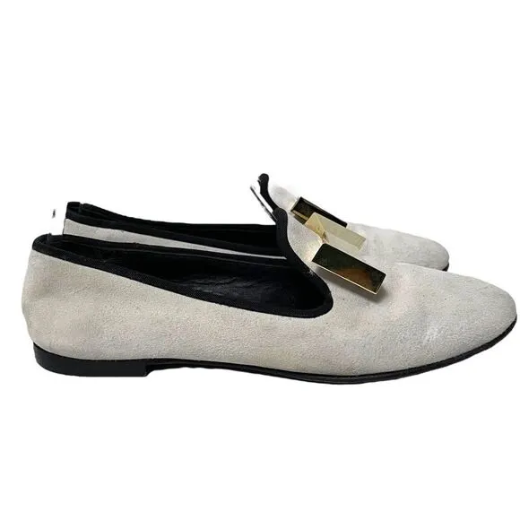 GIUSEPPE ZANOTTI White Suede Leather Gold Metal Bow Loafers 36.5