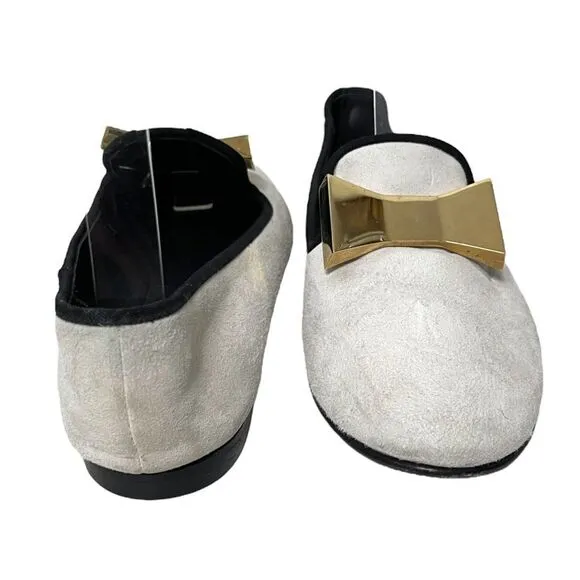 GIUSEPPE ZANOTTI White Suede Leather Gold Metal Bow Loafers 36.5