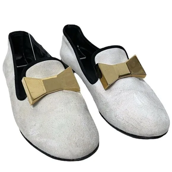 GIUSEPPE ZANOTTI White Suede Leather Gold Metal Bow Loafers 36.5