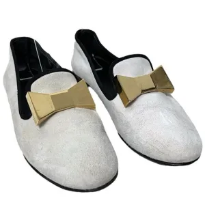 GIUSEPPE ZANOTTI White Suede Leather Gold Metal Bow Loafers 36.5