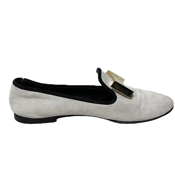 GIUSEPPE ZANOTTI White Suede Leather Gold Metal Bow Loafers 36.5