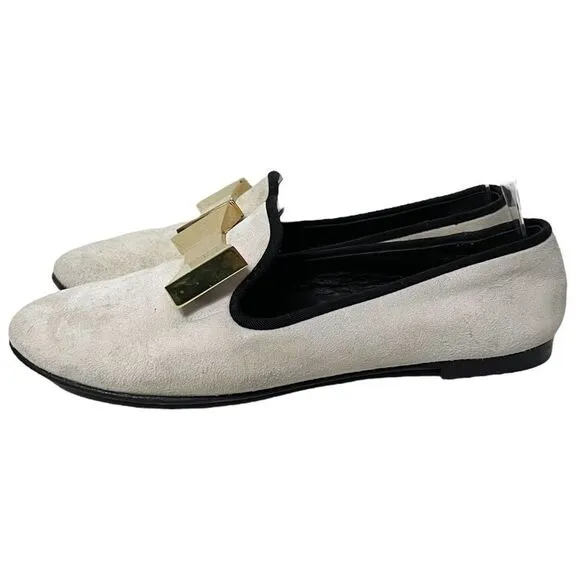GIUSEPPE ZANOTTI White Suede Leather Gold Metal Bow Loafers 36.5