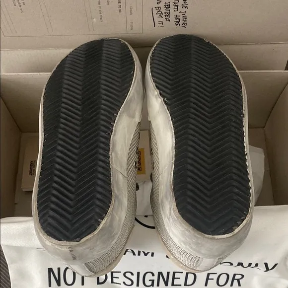Golden Goose Mesh White and Tan Distressed Sneakers