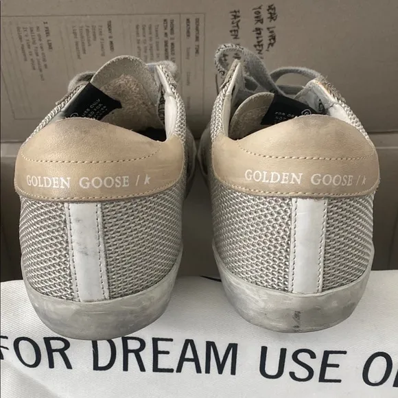 Golden Goose Mesh White and Tan Distressed Sneakers