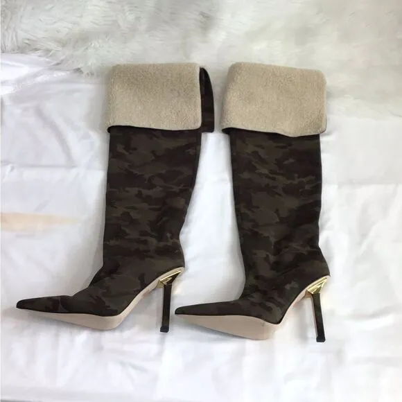 Good American High Kickstand Boots Camo Sherpa Over The Knee Stiletto Size 9