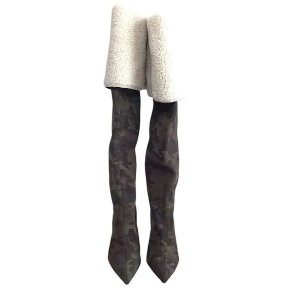 Good American High Kickstand Boots Camo Sherpa Over The Knee Stiletto Size 9