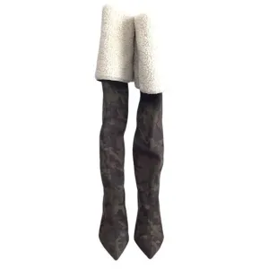 Good American High Kickstand Boots Camo Sherpa Over The Knee Stiletto Size 9