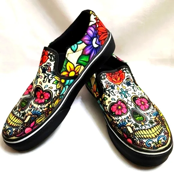Groove Bags &amp; Customkicks Sugar Skull Multicolored Slip-on shoes (Unisex 7M, 9W)