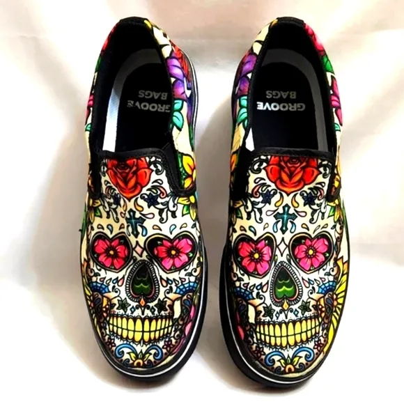 Groove Bags &amp; Customkicks Sugar Skull Multicolored Slip-on shoes (Unisex 7M, 9W)