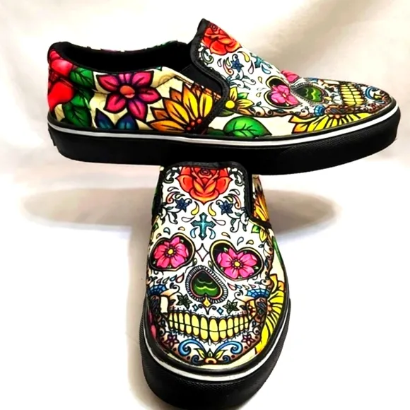 Groove Bags &amp; Customkicks Sugar Skull Multicolored Slip-on shoes (Unisex 7M, 9W)