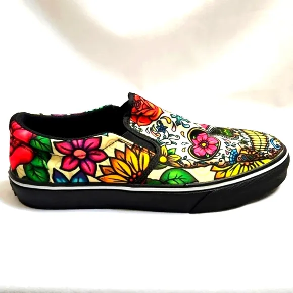 Groove Bags &amp; Customkicks Sugar Skull Multicolored Slip-on shoes (Unisex 7M, 9W)
