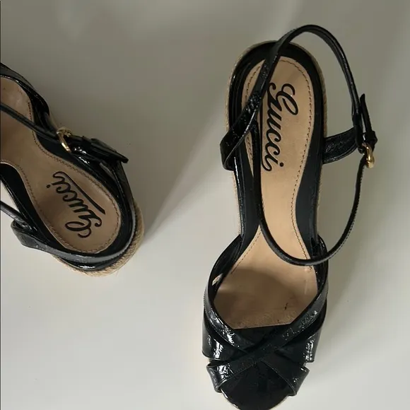 Gucci Black and Tan Wedge Espadrilles