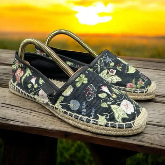GUCCI Black Floral Espadrilles Summer Slip On Sandals Womens Size 6 Fast Ship