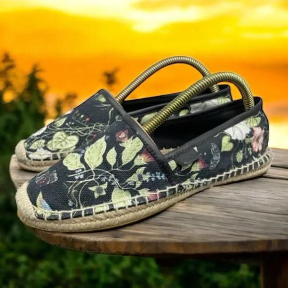 GUCCI Black Floral Espadrilles Summer Slip On Sandals Womens Size 6 Fast Ship