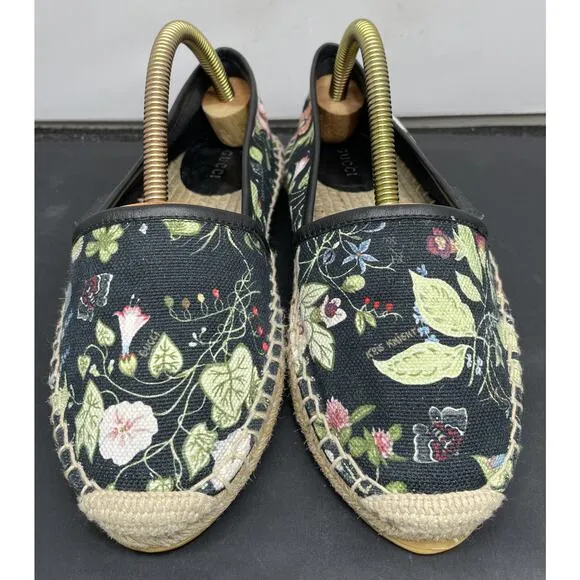 GUCCI Black Floral Espadrilles Summer Slip On Sandals Womens Size 6 Fast Ship