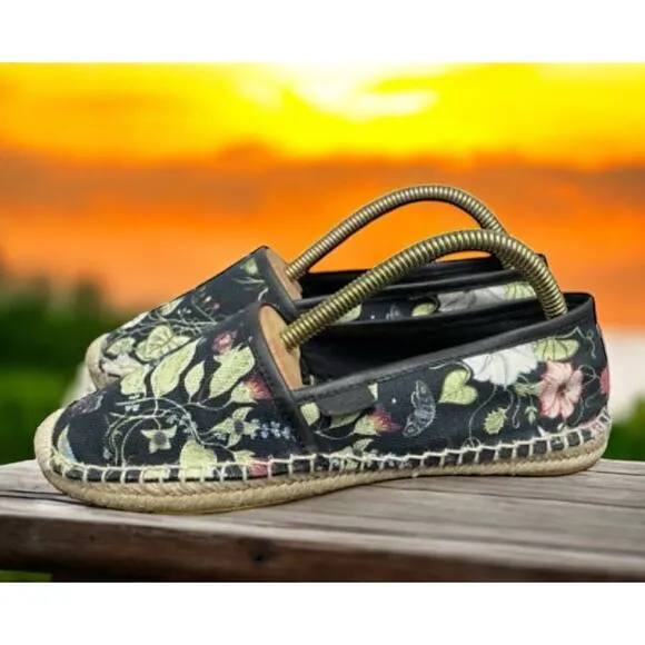 GUCCI Black Floral Espadrilles Summer Slip On Sandals Womens Size 6 Fast Ship