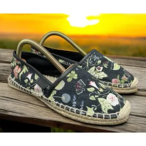 GUCCI Black Floral Espadrilles Summer Slip On Sandals Womens Size 6 Fast Ship