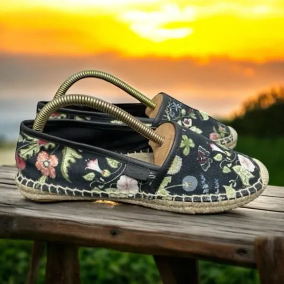 GUCCI Black Floral Espadrilles Summer Slip On Sandals Womens Size 6 Fast Ship