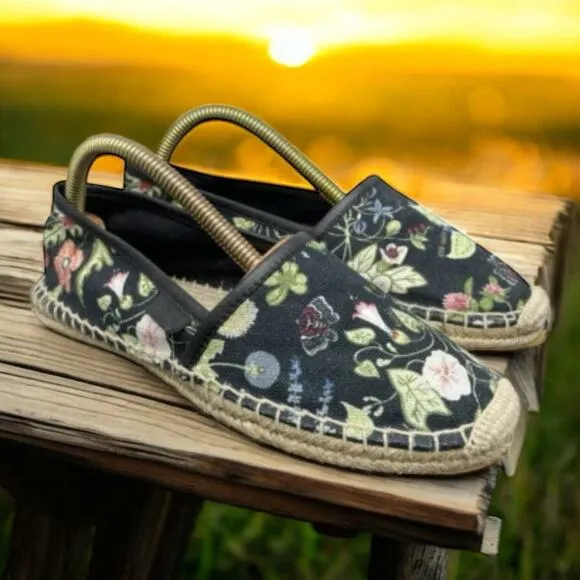 GUCCI Black Floral Espadrilles Summer Slip On Sandals Womens Size 6 Fast Ship