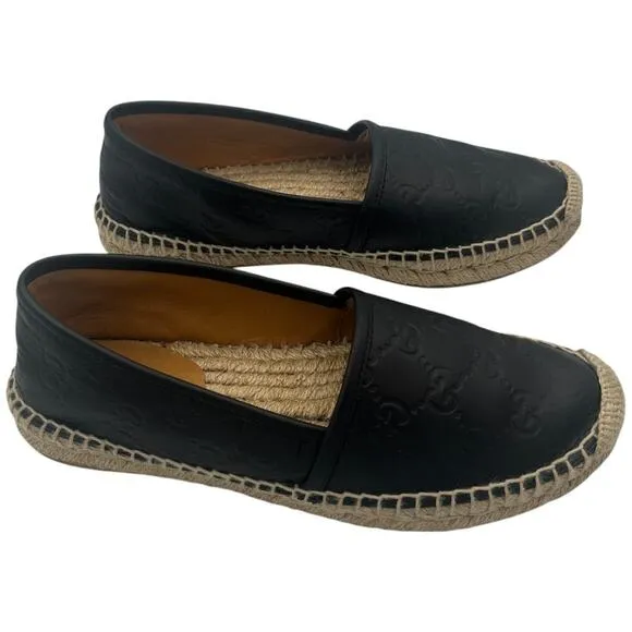 Gucci Black Guccissima Leather GG Slip On Espadrille Flats EU 5.5  US 5.5