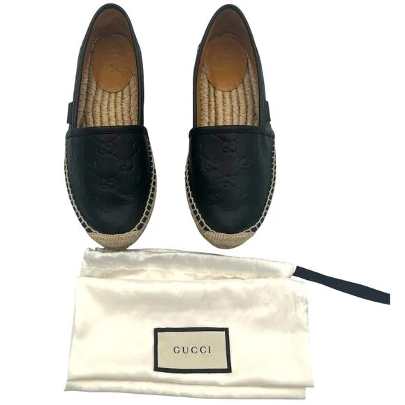 Gucci Black Guccissima Leather GG Slip On Espadrille Flats EU 5.5  US 5.5