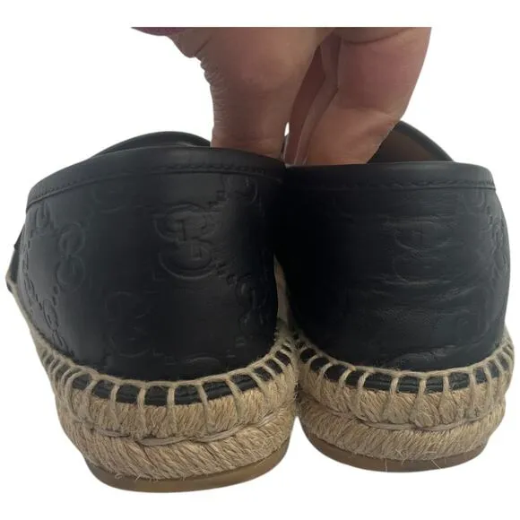 Gucci Black Guccissima Leather GG Slip On Espadrille Flats EU 5.5  US 5.5