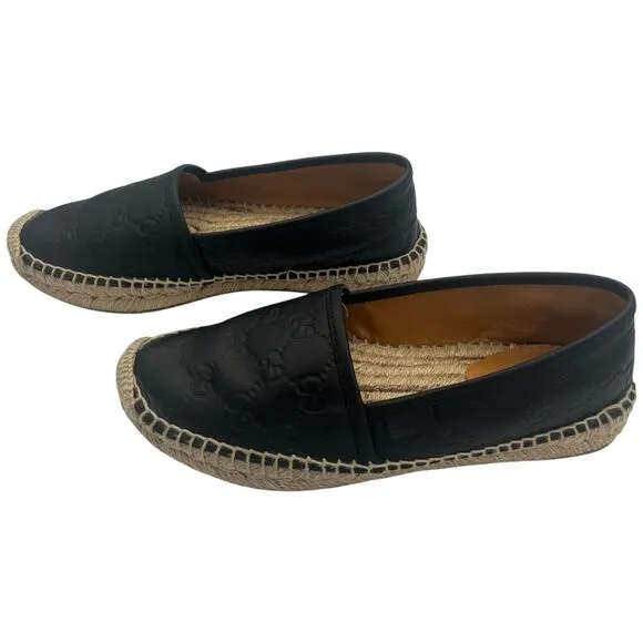 Gucci Black Guccissima Leather GG Slip On Espadrille Flats EU 5.5  US 5.5