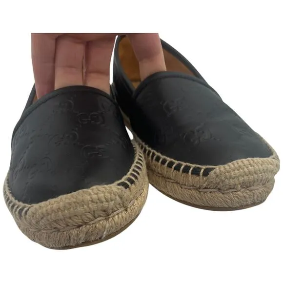 Gucci Black Guccissima Leather GG Slip On Espadrille Flats EU 5.5  US 5.5