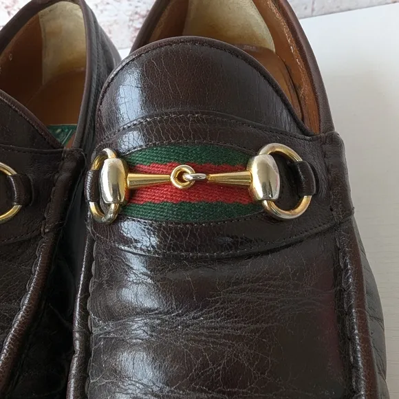 Gucci Brown Leather Slip-On Loafers with Gold Buckle